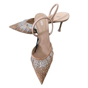 Zara Beige Heels with Rhinestone Accents